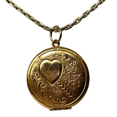#ad Vintage Gold Tone Circle Floral Heart Locket Chain Necklace $15.00