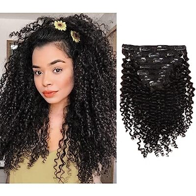 #ad 3B and 3C Curly Clip in Human Hair Extensions Real 14 Inch Jerry Curly #1B $87.95