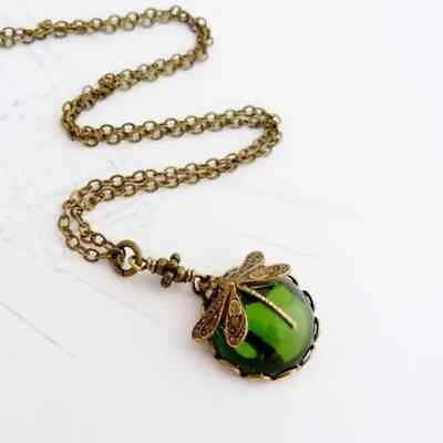 #ad Vintage Bohemian Dragonfly Green Crystal Pendant Necklace Jewelry Synthetic Gem $9.98