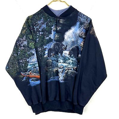 #ad Vintage Bear Wildlife Henley Sweatshirt Medium Blue All Over Print 90s $33.99