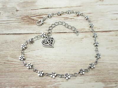 #ad Silver Filigree Heart Charm Anklet Daisy Flower Ankle Bracelet 10 inch Chain New $14.20