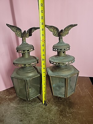 #ad OLD Antique Pair Brass Coach Carriage Lamps Funeral Hearse Oil Lanterns Eagles $350.00