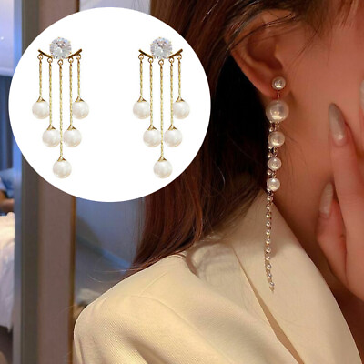#ad Women Crystal Gift Fashion Dangle Pearl Tassel Sliver Long Jewelry $7.52