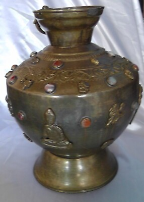 #ad Antique Hindu Shiva Brass Copper Table Lamp Base w Gem Stones *Super Rare* $79.20