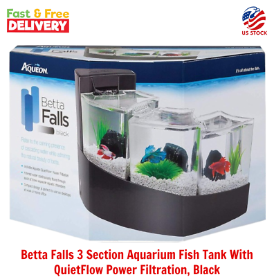 #ad Betta Falls 3 Section Aquarium Fish Tank With QuietFlow Power Filtration Black $69.99
