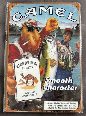 #ad Camel SMOKIN JOE Cigarettes Vintage Style Metal Sign Fishing Distressed look $16.00
