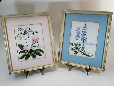 #ad Lot of 2 Finished Completed Cross Stitch Botanical Flowers Framed Cottage Core $23.99