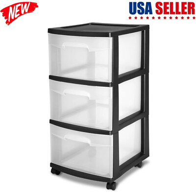 #ad Sterilite 3 Drawer Plastic Cart Black with Clear Drawers Multi purpose Adult New $19.70
