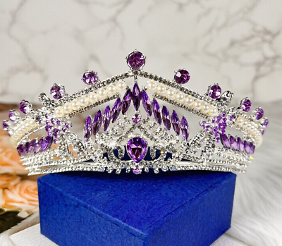 #ad Silver Crystal Tiara Luxury Princess Crown Wedding Hair Jewelry Purple Crown $27.99