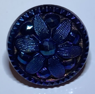 #ad Antique Jet Black Glass Button Blue Luster Flower Domed Metal Shank 7 16quot; $18.00