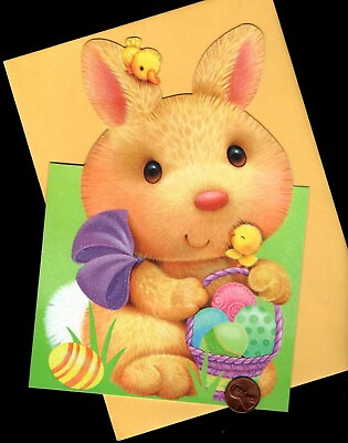 #ad Easter Rabbit Baby Chickens Chicks Eggs GLITTERED LARGE Easter Greeting Card $3.95