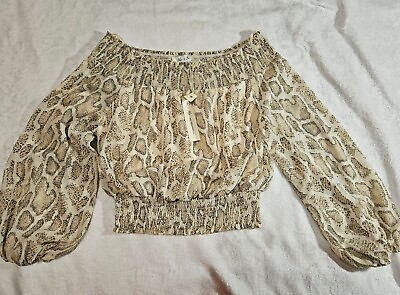 #ad She Sky Women Snake Print Beige Blouse Top Size Small Cropped Ruched 90s Y2K $8.29