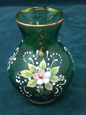 #ad Vintage Bohemian Art Glass Czech Emerald Green Miniature Glass Vase Hand Made $31.99