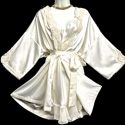 #ad VTG INTIME of CA Silky Bridal Nightgown amp; Robe Short Beaded Set Sz S NEW quot;READquot; $26.99