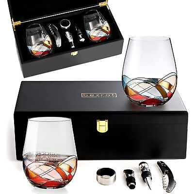#ad Stemless Wine Glasses Gift Set Two Hand Painted Large Premium Red and Whi... $87.97