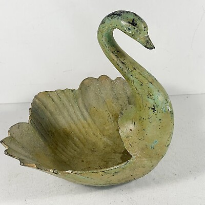 #ad Vintage Swan Dish Planter Cast Metal Patina Green 6x6x7” Bowl Trinket Nut Soap $42.95