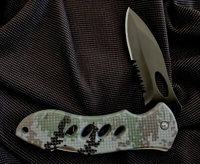 #ad Camo Green Black Folding Lockback Pocket Knife EDC Free Same Day Ship $8.95