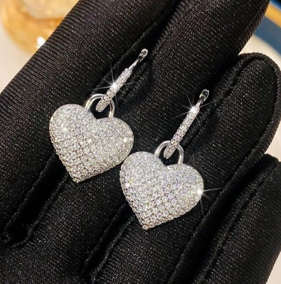 #ad 925 Silver Dangle Drop Heart shaped Earrings Sparkle Silver Bling $15.99