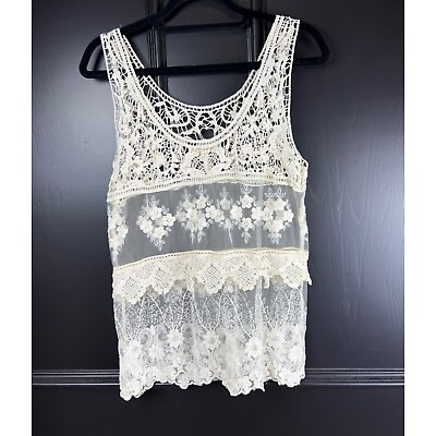 #ad womens kenar lace sheer ivory large sleeveless top boho feminine romantic $20.00