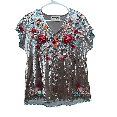 #ad Savanna Jane Crushed Velvet Velour Floral Embroidered Boho Top Blouse Small $23.99