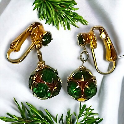 #ad Austrian Crystal Ball Dangle Earrings Art Deco Green Clip On Gold Tone Victorian $24.98