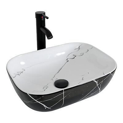 #ad ELECWISH Bathroom Vessel Sink Black Ceramic Vanity Basin Bowl with Faucet $89.99