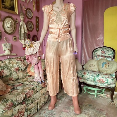#ad Vintage 1930s 1940s Pajama Set Silk Satin Lace Boudoir Peach L $250.00