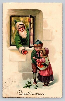 #ad Vintage Green Santa Claus Children Apple Christmas P233 $27.99