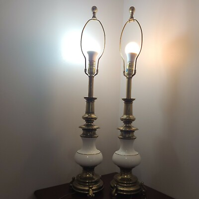 #ad #ad x2 Heavy Large Stiffel White Enameled Brass Table Lamps Vintage 34.5 Inches C $155.00