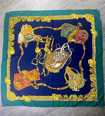 #ad Italy Vintage 34x34” Square Equestrian Saddle Navy Green Scarf Neck Wrap Foulard $25.00