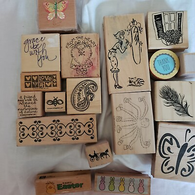 #ad Lot of 18 Assorted Wood Mounted Rubber Stamps Butterfly Background Easter More $14.99