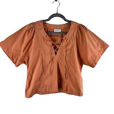 #ad Evereve Orange Short Sleeve Cropped V Neck Pullover Boho Trendy Blouse Size L $34.99