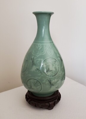 #ad Vintage Korean Celadon Immortality Vase Cranes and Clouds SIGNED with Stand $100.00