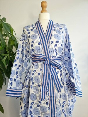 #ad Indian Kimono Night Suit Kimono Bath Robe Blue Kitty Floral Kimono Stripe Border $22.49