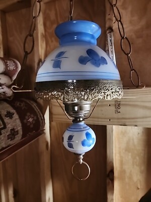 #ad Vintage Hanging Swag Hurricane Lamp Milk Glass Hand Painted Blue by Underwriters $98.00