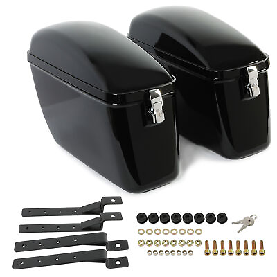 #ad Universal Motorcycle Hard Saddle Bag Gloss Black For Harley Honda Yamaha Cruiser $135.00