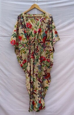 #ad Indian Beige Long Bird Print Cotton Hippie Maxi Women Nightwear Caftan Dress $22.19