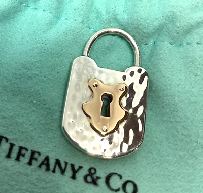 #ad Tiffany amp; Co Silver amp; 18K Rose Gold Mini Hammered Oval Lock Key Charm Pendant $459.99