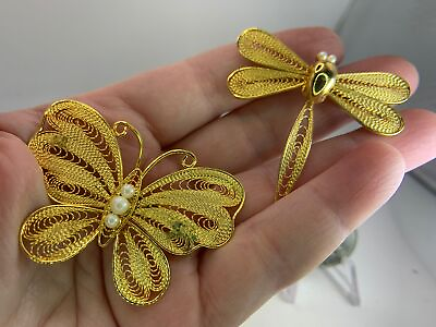 #ad Lot of 2 Butterfly Dragonfly Filigree Vintage Gold Brooch Pin V 9125* $24.99