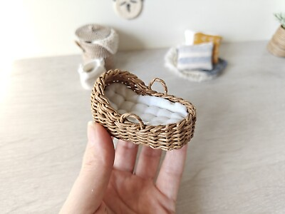 #ad 1:12 Dollhouse miniature wicker moses basket with white mattress pad. Handmade $26.00
