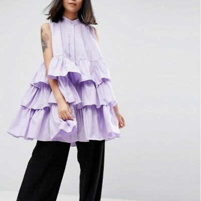 #ad ASOS WHITE Women#x27;s Size 14 Lavender Sleeveless Multi Frill Oversize Shirt Dress $34.00
