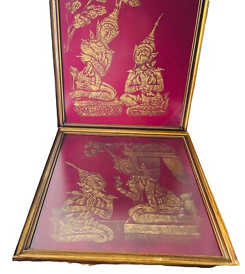 #ad Vintage Pair Mid Century Thai Temple Rubbings Art Gold on Silk 19quot;x21quot; Framed $119.95