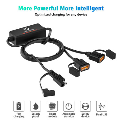 #ad New Motorcycle QC3.0 Quick USB Charger 12V SAE to Dual USB Fast Charging Adapter $19.78