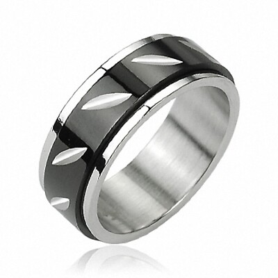 #ad Stainless Steel Spinning Finger Ring Men#x27;s Women#x27;s Ring Tribal Cut Inlay Black $7.09