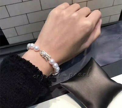 #ad 7.5 8quot; Stunning AAA 10 9mm natural Japanese Akoya white round pearl bracelet 14k $228.00