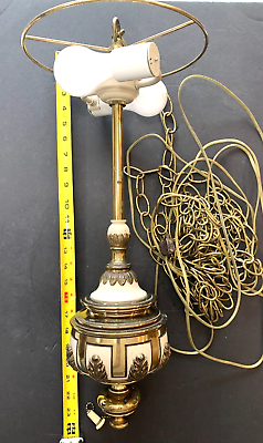 #ad Vintage MCM Retro BRASS amp; CREAM Hanging Light Swag Lamp with 12#x27; of Chain Works $399.99