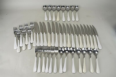#ad Fiesta Swirl White Flatware Set Stainless Forks Spoons Knives Set of 46 $174.99