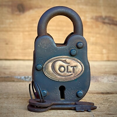 #ad Colt Gate Lock W 2 Working Keys amp; Antique Vintage Finish Brass Tag W Colt Logo $22.00