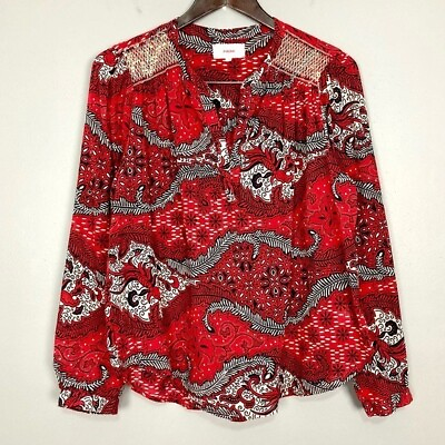 #ad XIRENA Aimi Cotton Popover Blouse Women’s Size Medium Red Fire Print Long Sleeve $69.99