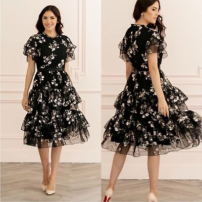 #ad Rachel Parcell Embroidered Tiered Mesh Dress L Black Pink Floral Ruffle NWT $90.00